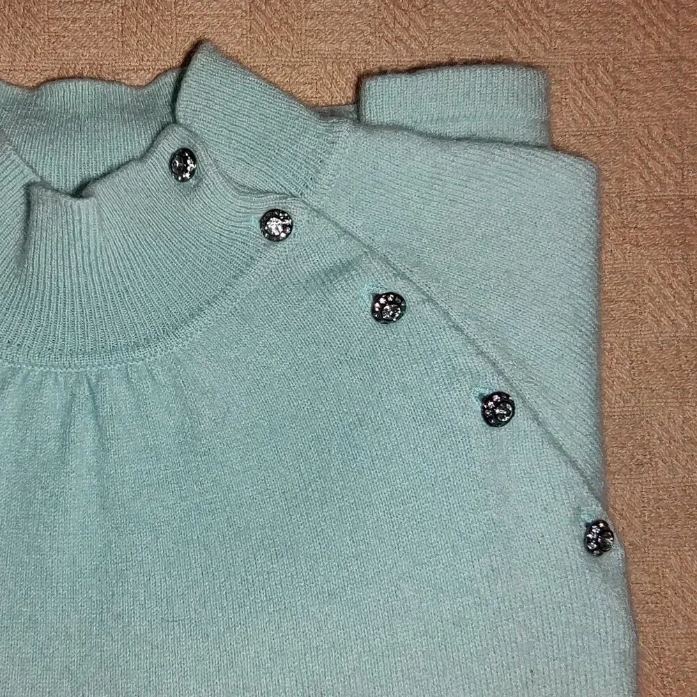 TALBOTS 100% CASHMERE SWEATER 3/4 SLEEVES AQUAMARINE RHINESTONE BUTTONS SZ SP - Picture 6 of 11